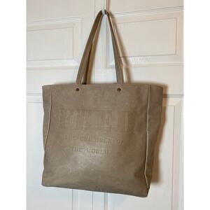 Feed The Children Of The World Leather Tote Bag Embossed Almond Shoulder Bag Tan